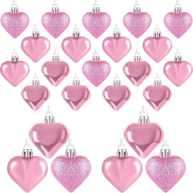 24PCS Valentines Day Heart Ornaments, Pink Heart Shaped Ornaments, 2 Sizes Heart Hanging Ornaments, Glossy Heart Baubles Hanging Decorations for Valentine's Day Wedding Anniversary Home Party Decor