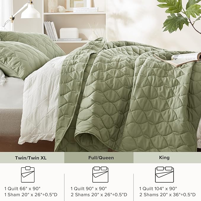 Comfort Spaces Queen Quilt Set Modern Reversible Ogee Coverlet Queen Bedding Set Cozy Quilted Winter Layer, All Season Lightweight Soft Queen Size Quilt, Kienna, Full/Queen Olive Green 3 Piece