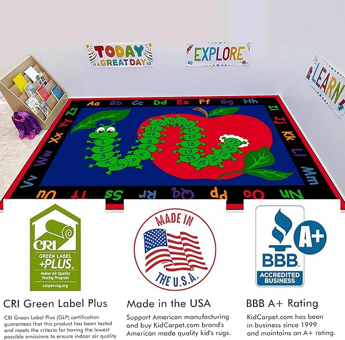 KIDCARPET.COM Learn with Inchworm Rectangle Classroom Rug | Bordered Area Rug for Preschool Daycare Learning, 6' x 8'6"