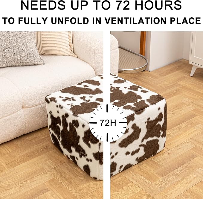 20x20x14 Inches Fluffy Square Pouf Ottoman - Plush Furry Ottoman Foot Rest Stool with High-Density Foam, Versatile Floor Seating for Living Room (Coffee Cow Print)