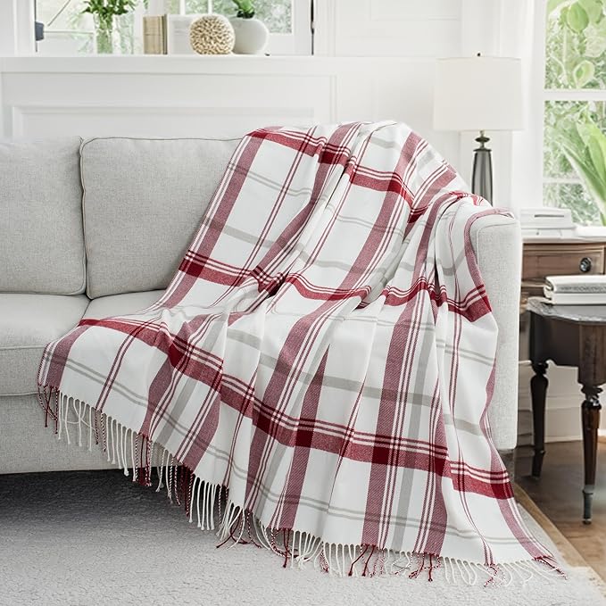 Red and White Plaid Throw Blanket for Couch,60"X80" Super Soft Cozy Warm Home Decorative Throws with Tassels for Bed Sofa Picnic