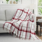 Red and White Plaid Throw Blanket for Couch,60"X80" Super Soft Cozy Warm Home Decorative Throws with Tassels for Bed Sofa Picnic