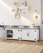 Shoe Storage Bench, 2 Tier Shoe Bench with Padded Seat Cushion & 4 Barn Doors, 59" Entryway Bench with Adjustable Shelf, Farmhouse Shoe Cabinet for Living Room, Bedroom, White SB31503GY
