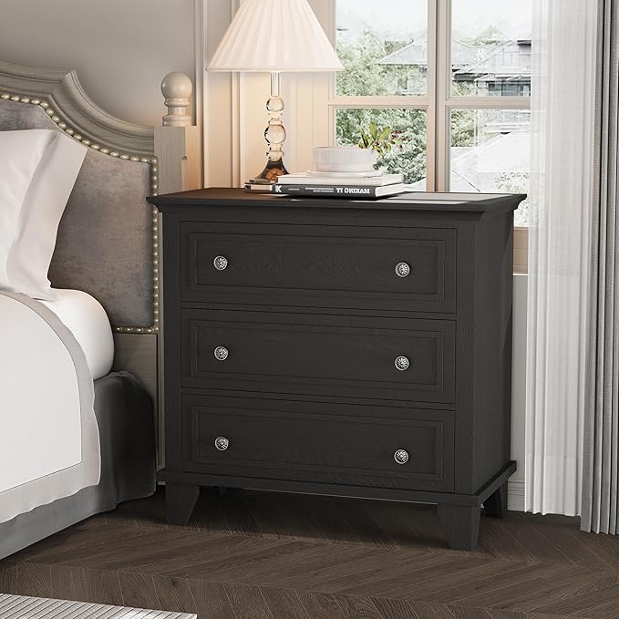 GarveeHome Black 3 Drawer Dresser for Bedroom, Wide Chest of Drawers with Vintage Handle, Wood Dresser Wide Nightstand for Living Room
