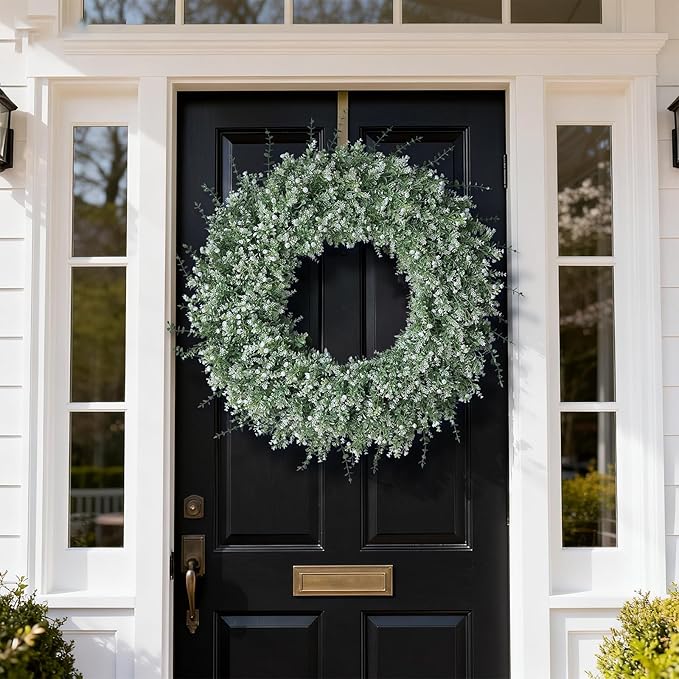 32'' Large Eucalyptus Wreath for Front Door, Porch- Artificial Eucalyptus and Lavender with Babys Breath Flowers Wreath for Home, Farmhouse Wall Decor- Spring, Summer, Fall, All Seasons (White-Green)