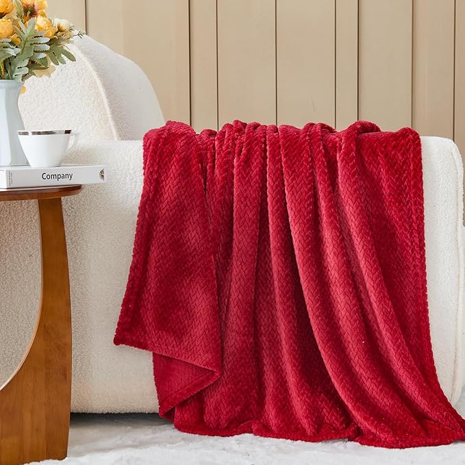 NEWCOSPLAY Super Soft Twin Blanket Red Premium Silky Flannel Fleece Leaves Pattern Lightweight Bed Blanket All Season Use (Red, Twin(60"x80"))