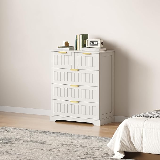 5 Wooden Drawer Dresser for Bedroom Storage, Modern Farmhouse Wood Chest of Drawers with Metal Handles, Wide Storage Cabinet for Closet, Living Room, or Entryway White