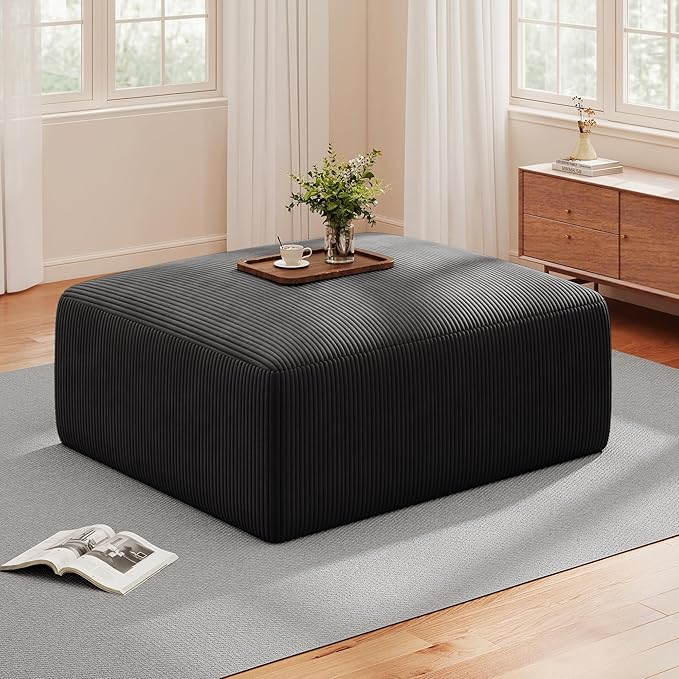 40" Square Stuffed Ottoman Pouf for Sofa Couch, Corduroy Poufs with Foam Chunk Filling, Furry & Fluffy Pouf Foot Stool Movable Ottoman. 40*40 Floor Poufs Foot Rest for Living Room, Black(1 Piece Set)