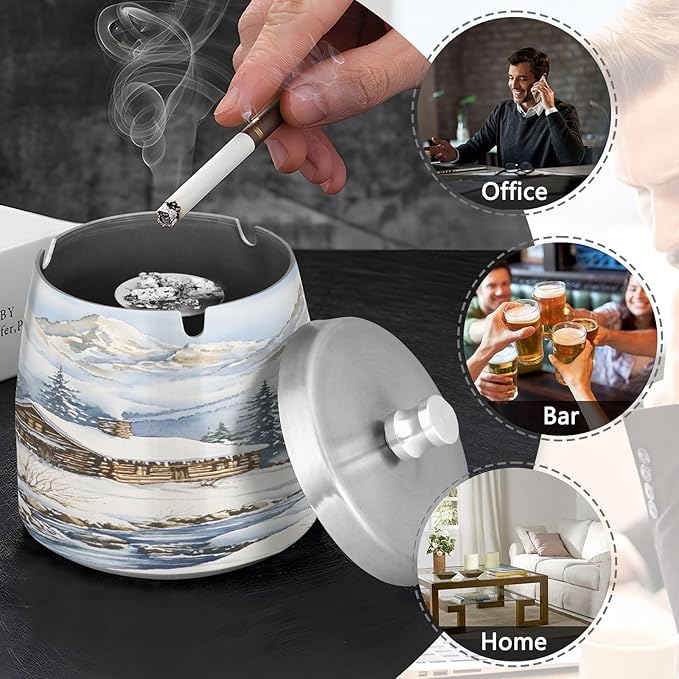 Winter Cabin Snow Scene Ashtray with Lid, Outdoor Ashtrays for Patio, Stainless Steel Ashtray Odorless Smokeless for Home Office Balcony