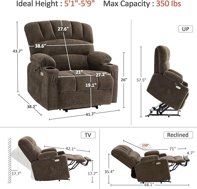 MCombo Power Lift Recliner Chair for Elderly, Lift Chair with Heat and Massage, Extra Wide Lift Recliner for Big People, Fabric R7096 (Medium-Wide, Coffee)