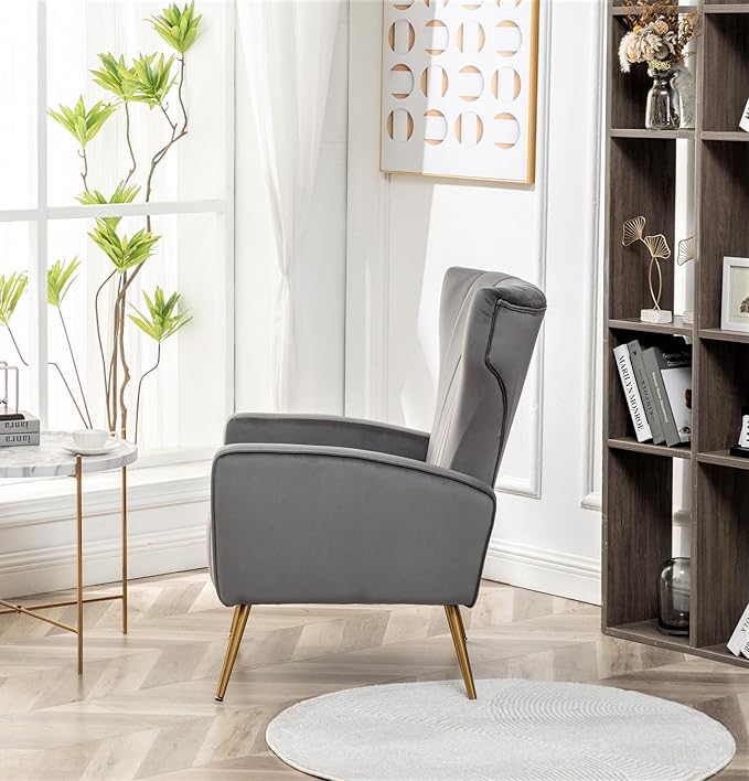 Modern Velvet Accent Chair, Channel Tufted Bedroom, Office or Living Room Furniture with Elegant Metal Legs, 26" Wide Armchair, Grey
