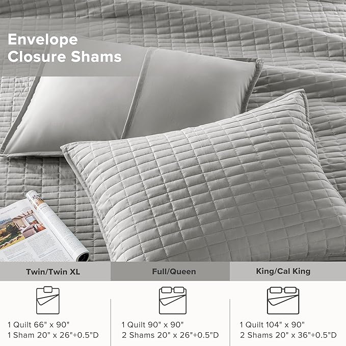 Comfort Spaces Kienna Quilt Set- Double Sided Stitching Design Summer Blanket, Lightweight, Soft, All Season Bedding Layer, Matching Sham, Grey, Coverlet Full/Queen(90"x90") 3 Piece