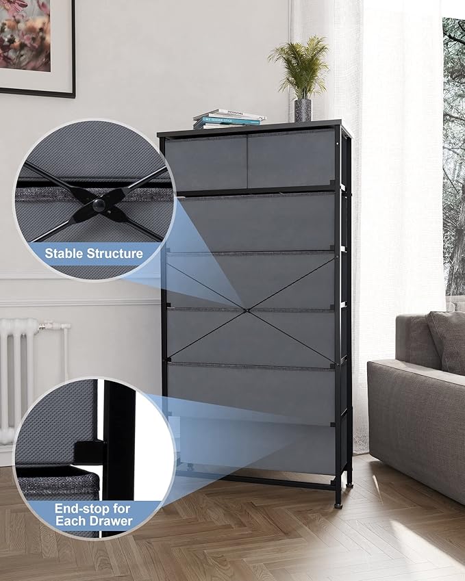 Crestlive Products Vertical Dresser Storage Tower - Sturdy Steel Frame, Wood Top, Easy Pull Fabric Bins, Wood Handles - Organizer Unit for Bedroom, Hallway, Entryway, Closets - 7 Drawers (Grey)