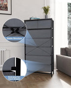 Crestlive Products Vertical Dresser Storage Tower - Sturdy Steel Frame, Wood Top, Easy Pull Fabric Bins, Wood Handles - Organizer Unit for Bedroom, Hallway, Entryway, Closets - 7 Drawers (Grey)