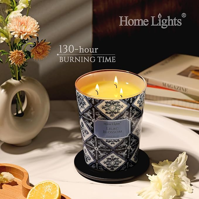 HomeLights Scented Candles | Large Jar 34 Oz Natural Soy Candle | 130 hrs Long-Lasting with 3 Wicks | Bohemian Natural for Home Decor | Gifts for Mom & Women, Lilac Blossom