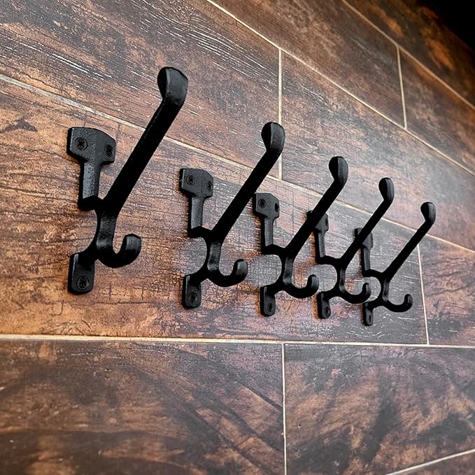 Ambipolar 5 Pack Decorative Cast Iron Heavy Duty Double Hooks, Wall Mounted Coat Hooks, Vintage Inspired (Antique Black) (Type-7 Type)