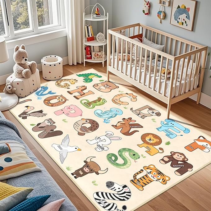Kids Rugs for Playroom - 3x5 Feet ABC Alphabet Rug for Kids Room Educaitonal Learning Animal, Preschool Rug for Children Toddler Bedroom Nursery Kindergarten Decor, Beige