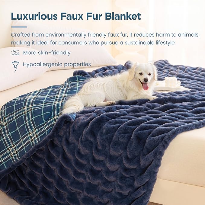 Sophia & William Ruched Faux Fur Throw Blanket Bed Blanket - Luxury Lightweight Plush Fuzzy Cozy Soft Blankets, Blue, 60" x 80"