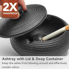Ashtray with Lid for Outside Patio, Windproof Ash tray, Ceramic Smokeless Ashtray for Outdoor Home Office Tabletop Patio Outdoor Balcony, Black