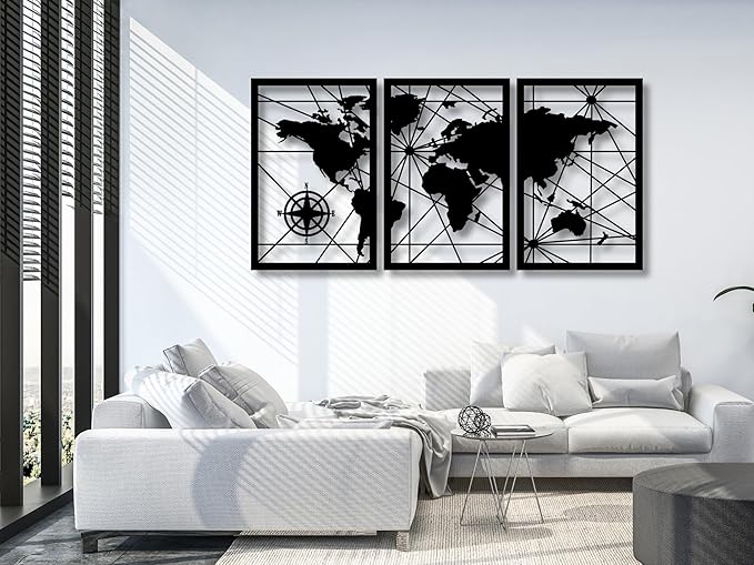 VAILLA World Map Wood Wall Art Decor Large Hanging Sculpture Modern Home Decoration Large Set of 3 Panels Map Wallart Botanical Wall Hangings Wooden Wall Arr 3D Textured Sculptures for Living Room Bedroom Office Dinnig Room