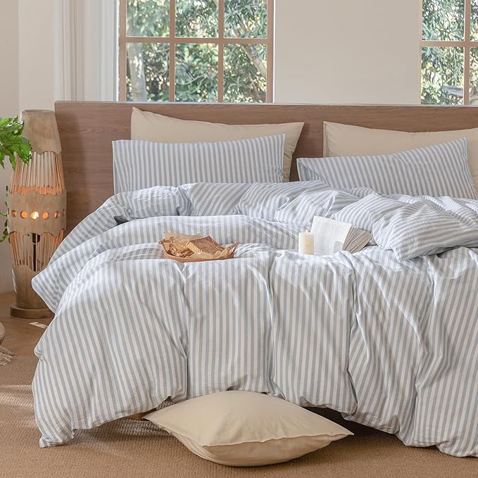 MooMee Striped Duvet Cover Set 100% Washed Cotton Linen Like Textured Breathable Durable Soft Comfy (Cornflower Blue White Classic Stripes, Cal King 104"x98")
