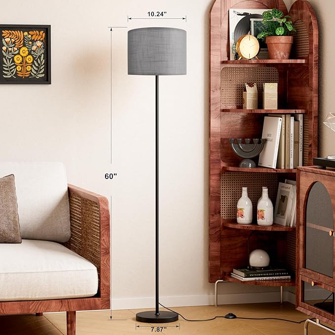 Ambimall 60'' Modern Floor Lamp with Shade, Tall Lamps for Living Room, Bedroom, Office, Dining Room, Linen Grey Shade with Black Pole(Without Bulb)