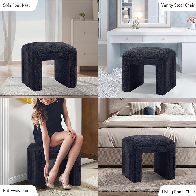 Get Set Style Vanity Stool Chair,Modern Boucle Ottoman Foot Stool with Wooden Legs Sofa Bench Footstool Extra Seat for Vanity,Makeup Room,Living Room,Entryway,Office (Fully Assembled) (Black)