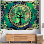 Delur Tree of Life Tapestry Green Nature Bohemian Mandala Spiritual Tapestry Wall Hanging Mystical Landscape Hippie Psychedelic Headboard for Bedroom Living Room Home Decor (51.2" x 59.1")