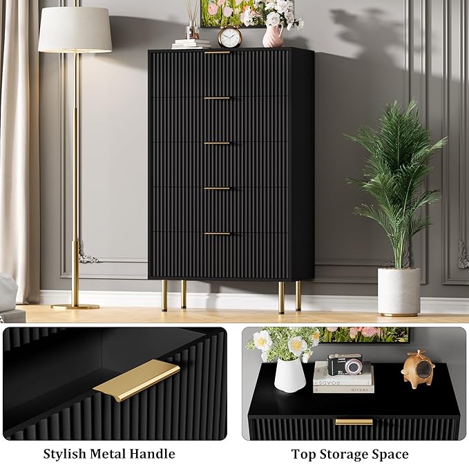 GarveeHome 5 Drawers Dresser for Bedroom, Fluted Dresser Chest of Drawers with Handle, Wood Modern Dressers for Closet, Bedroom Furniture Storage Organizer for Living Room, Hallway