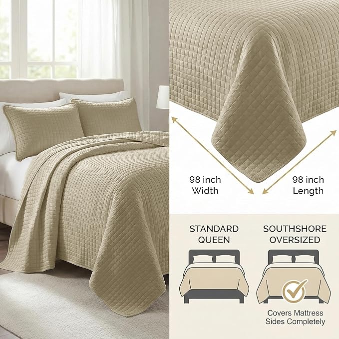Southshore Fine Living, Inc. Full/Queen Quilt Set with 2 Matching Pillow Shams, Lightweight Full Size Quilt Coverlet, Easy Care, Machine Washable Queen Size Bedspread, Taupe