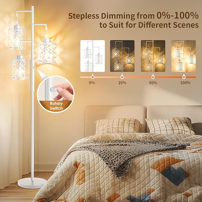 【Upgraded】72" Tall Dimmable Floor Lamp, Modern Standing Lamp with Elegant Metal Cages, Industrial Tree Floor Lamps for Living Room, Bedroom, Study Room, Office (3 x 800LM LED Bulbs Included) - White
