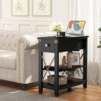 Narrow End Table with Charging Station - Farmhouse Slim Side Table Set of 2, w/USB Ports Power Outlets, Nightstand w/Flip Top Storage Drawer, for Small Spaces Living Room Bedroom, Black
