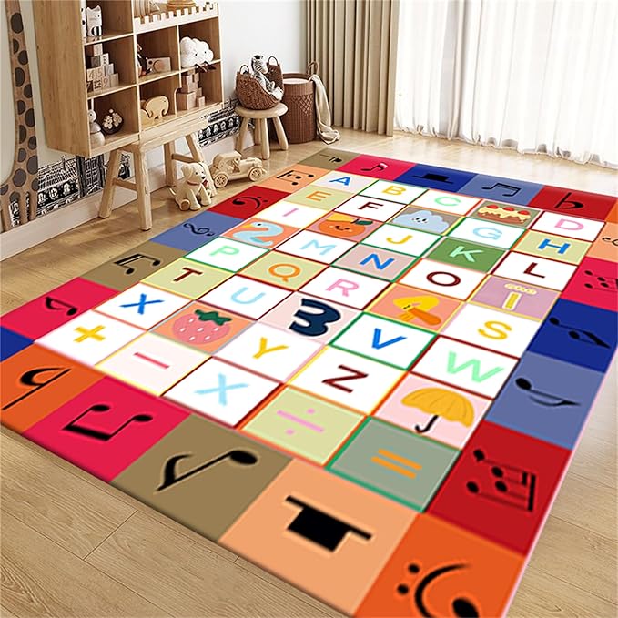 Education Learning Rug Colorful Musical Number Symbols and ABC English Letters Decorate Carpet Baby Crawling Mats with Anti-Skid Rubber Backing for Classroom Home Learning Area Office, 4x5ft