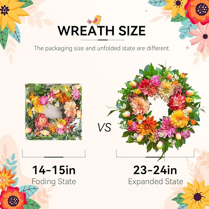 Spring Wreath 24 Inch Summer Wreaths for Front Door with Dahlia and Greenery, Wreath for All Seasons,Spring and Summer Wreaths for Front Door Outside or Indoor