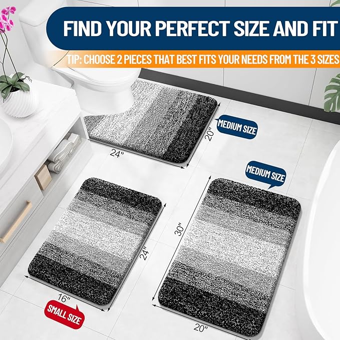 OLANLY Bathroom Rug Set 2 Piece, Soft Absorbent Microfiber Bath Mats and U-Shaped Contour Toilet Rug, Non-Slip, Machine Wash Dry, Plush Shaggy Bath Mats for Bathroom (30"x20"+24"x20", Black)