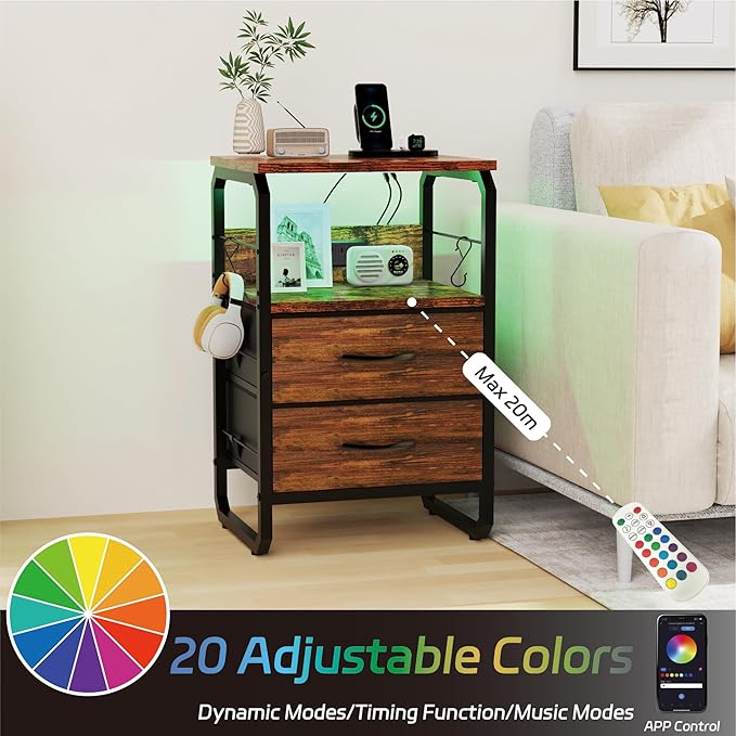 LED Nightstand, Bed Side Table with Storage, End Table with Drawers & Hooks, Bedside Table with Charging Station, AC Outlets, USB C Ports, Rustic Brown Night Stand Table for Living Room, Dorm