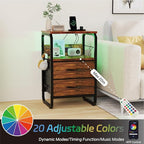 LED Nightstand, Bed Side Table with Storage, End Table with Drawers & Hooks, Bedside Table with Charging Station, AC Outlets, USB C Ports, Rustic Brown Night Stand Table for Living Room, Dorm