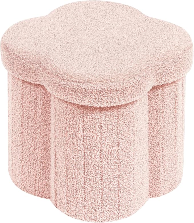 PINPLUS Floral Storage Ottoman Cube Boucle Footrest Stool with Lid, Multi-Functional Cube Seat for Living Room, Dorm & Bedroom – Pink 12.6"x12.6"x12.6"