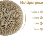 HOMBYS Unstuffed Ottoman Pouf Cover, 100% Cotton Handmade Knitted Ottoman Pouf Cover Round Foot Stool, Floor Bean Bag Chair, Foot Rest Storage for Living Room Bedroom, Khaki(Cover ONLY NO Filler)