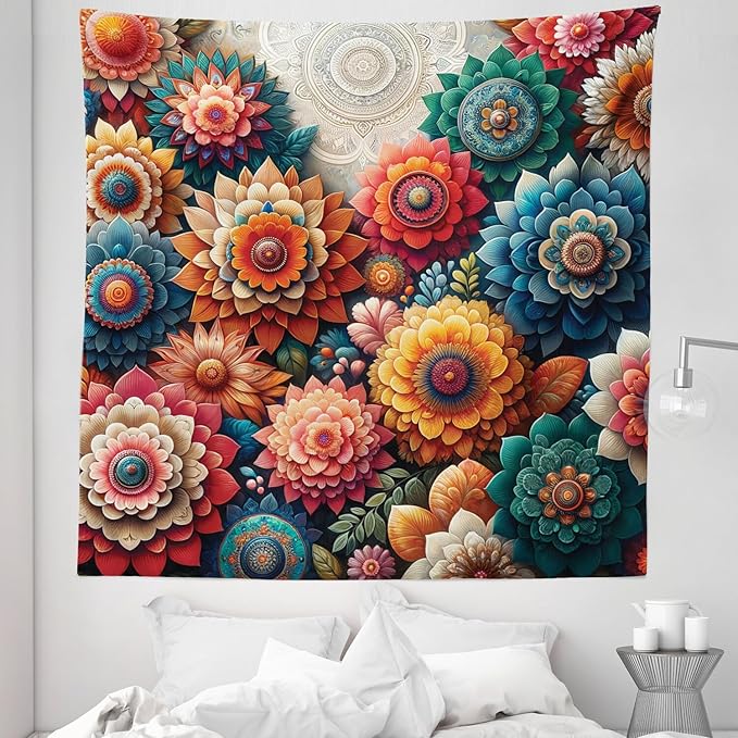 Ambesonne Flower Tapestry Queen Size, Contemporary Wild Floral with Delicate Oriental Feel Petals Boho Hippie, Wall Hanging Bedspread Bed Cover Wall Decor, 88" X 88", Vermilion Teal Sea Blue