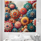Ambesonne Flower Tapestry Queen Size, Contemporary Wild Floral with Delicate Oriental Feel Petals Boho Hippie, Wall Hanging Bedspread Bed Cover Wall Decor, 88" X 88", Vermilion Teal Sea Blue