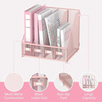 SUPEASY Magazine File Holder Desk Organizer, Metal Binder Holder with 4 Vertical Compartments for Office Home School, Pink