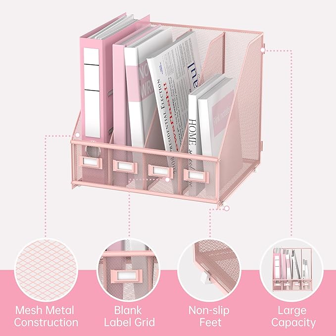 SUPEASY Magazine File Holder Desk Organizer, Metal Binder Holder with 4 Vertical Compartments for Office Home School, Pink