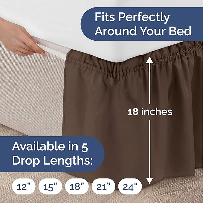 Wrap Around Dust Ruffle Bed Skirt - Brown - for King Size Beds with 18 Inch Drop - Easy Fit Elastic Strap - Adjustable Pleated Bedskirt w/Brushed Fabric - Wrinkle Free - for Women, Men, Kids & Teens