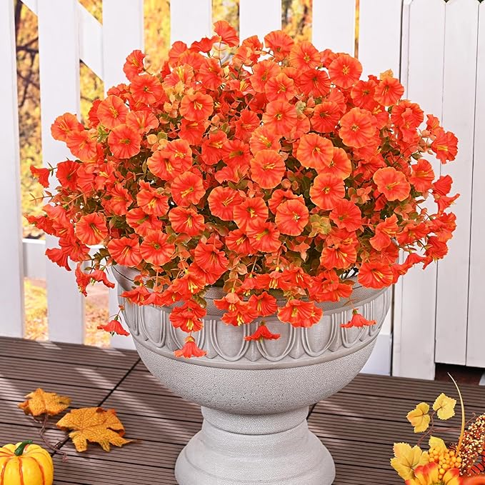 MARTINE MALL Artificial Fall Flowers for Outdoors, 12 Bundles Faux Fall Flower for Outdoor Planters, UV Resistant Fall Flowers Artificial for Outdoors Fake Autumn Petunias for Front Porch (Orange)