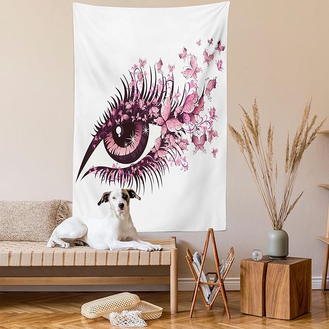 Ambesonne Butterflies Tapestry, Female Eye Eyelashes Mascara Stare Party Makeup Animal Print, Fabric Wall Hanging Decor for Bedroom Living Room Dorm, 23" X 28", Pale Pink Purple