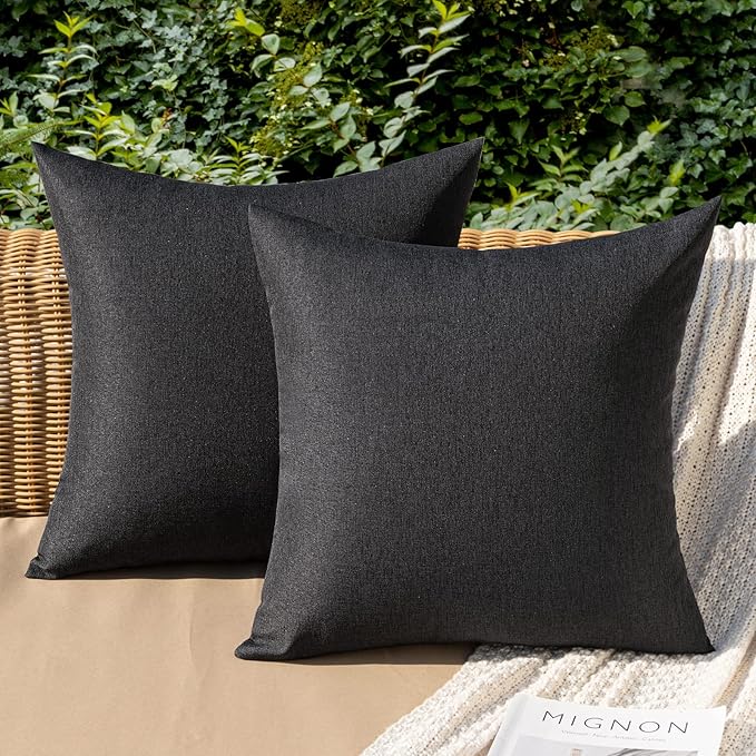 MIULEE Pack of 2 Decorative Outdoor Solid Waterproof Throw Pillow Covers Faux Linen Garden Farmhouse Cushion Cases for Halloween Patio Tent Balcony Couch Sofa 12x12 Inch Black