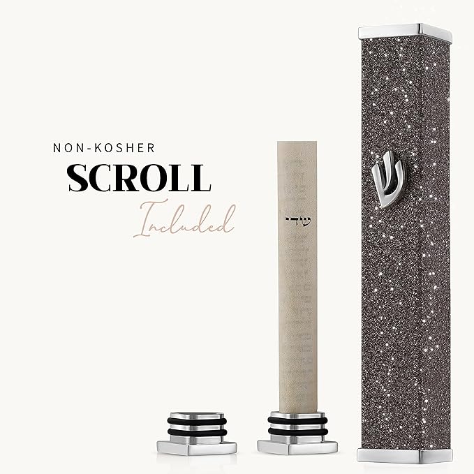 SURI Jewish Door Mezuzah – 3.8 Inch Sparkling Dark Aluminum Mezuza Holder with Printed Scroll, for Indoor or Outdoor Entry, Fits a 3 Inch Scroll, Self-Stick Adhesive