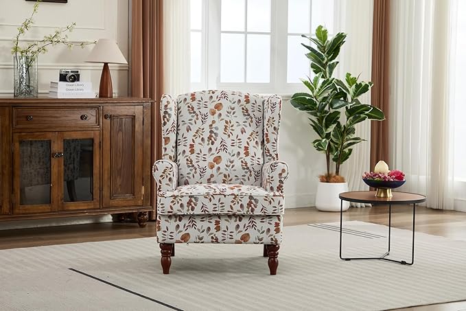 KEIKI Floral Accent Chair for Living Room - Sophisticated Vintage Charm with Classic Wood Legs, Elegant Upholstered Armchair