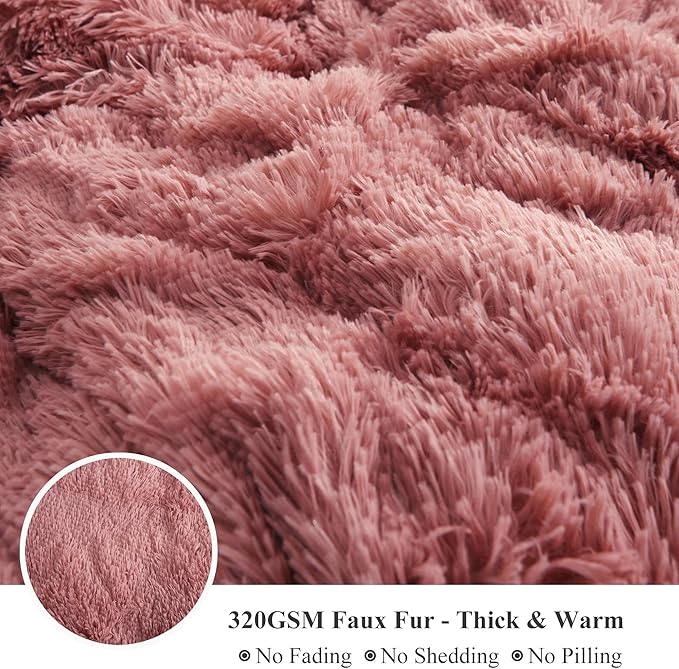 XeGe Plush Shaggy Duvet Cover Set, Luxury Ultra Soft Velvet Fluffy Bedding Sets 3 Pieces(1 Furry Faux Fur Dusty Pink Comforter Cover + 2 Fuzzy Faux Fur Pillowcases), Zipper Closure(Queen, Old Pink)